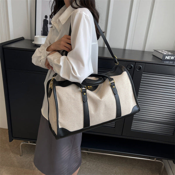 Black Contrast Color Women's Travel Bag Canvas & Pu Leather Trim Luggage (32X21x14cm) Other Luggage