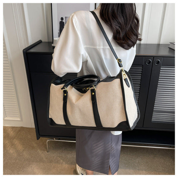 Black Contrast Color Women's Travel Bag Canvas & Pu Leather Trim Luggage (32X21x14cm) Other Luggage