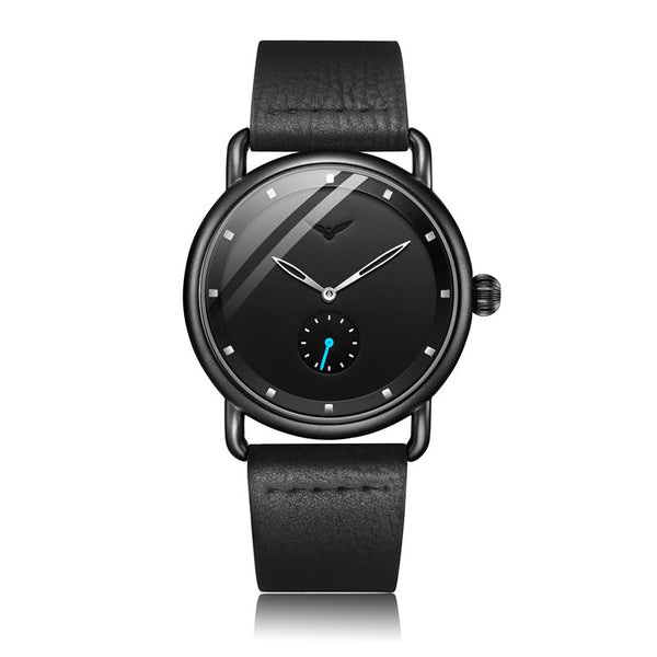 Black Elegant Men's Watch With Leather Band Small Seconds Onion Crown Detail Watches