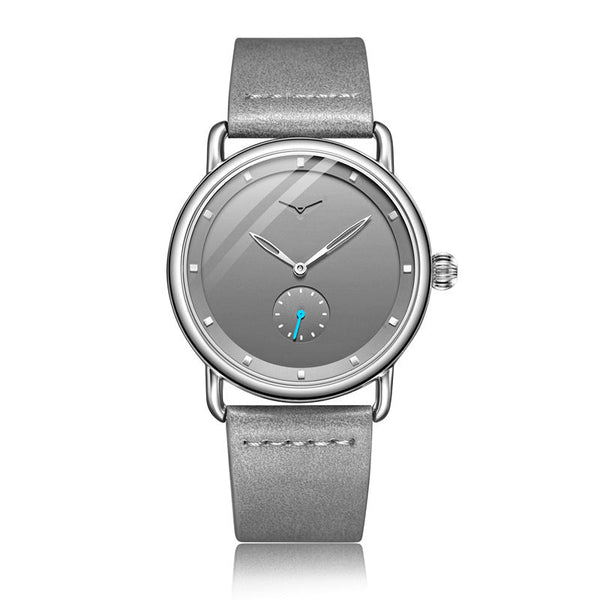 Silver Elegant Mens Watch With Leather Band Small Seconds Onion Crown Detail Watches