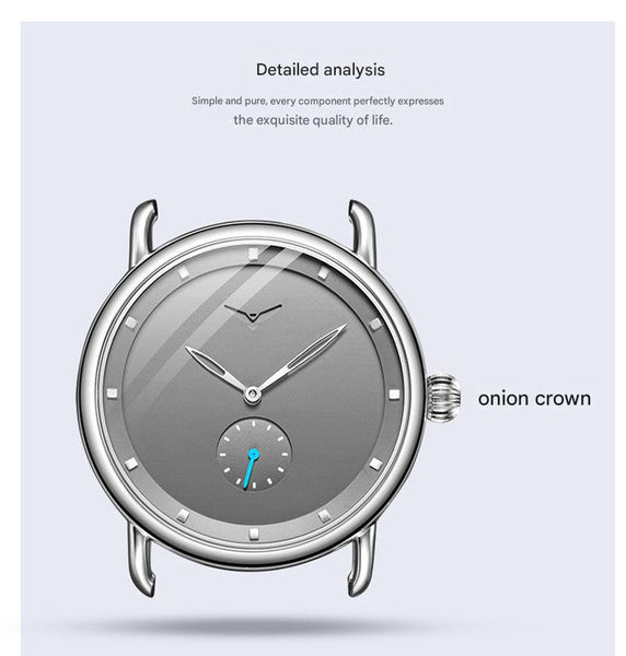 Silver Shell Black Face Elegant Men's Watch With Leather Band Small Seconds Onion Crown Detail Watches