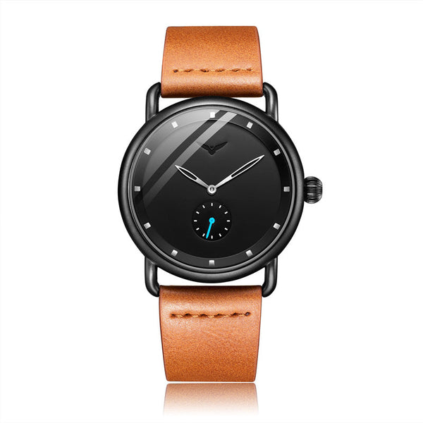 Mens Elegant Leather Band Watch Brown Belt Dial Small Seconds Crown Watches