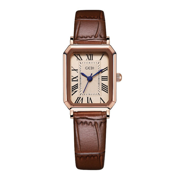 Rose Gold Shell Coffee Strap Ladies Quartz Watch Classic Rectangular Leather Band Watches