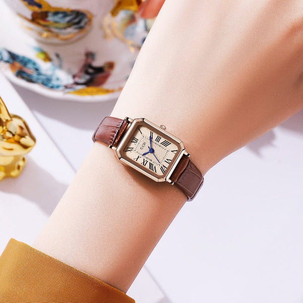 Rose Gold Shell Coffee Strap Ladies Quartz Watch Classic Rectangular Leather Band Watches