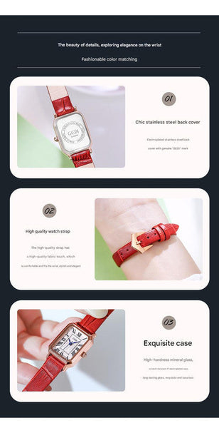 Rose Gold Shell Coffee Strap Ladies Quartz Watch Classic Rectangular Leather Band Watches