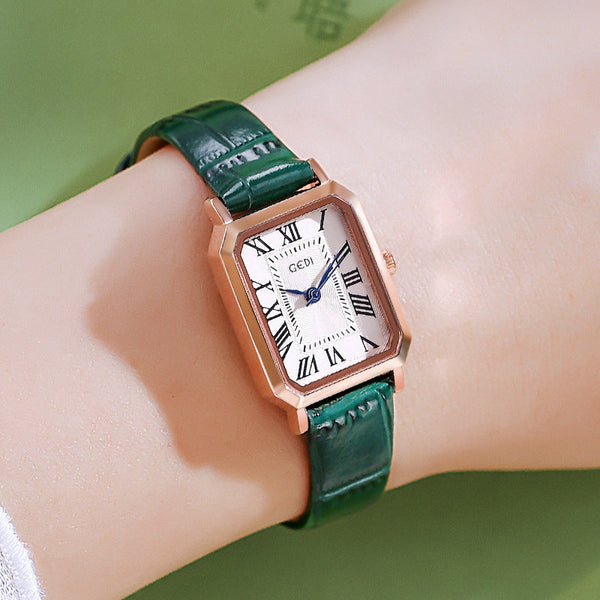 Rose Gold Shell White Plate Green Strap Ladies Quartz Watch Classic Rectangular Leather Band Watches