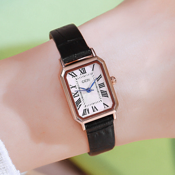 Rose Gold Case White Dial And Black Strap Ladies Quartz Watch Classic Rectangular Leather Band Watches