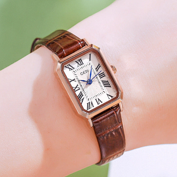 Rose Gold Shell White Plate And Coffee Strap Ladies Quartz Watch Classic Rectangular Leather Band Watches