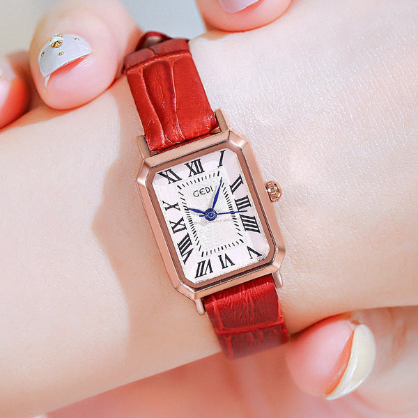 Rose Gold Case White Plate Red Belt Ladies Quartz Watch Classic Rectangular Leather Band Watches