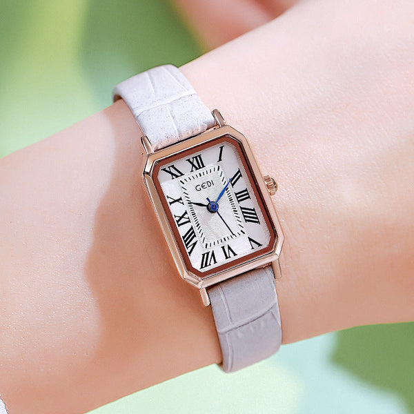 Rose Gold Case White Dial Grey Strap Ladies Quartz Watch Classic Rectangular Leather Band Watches