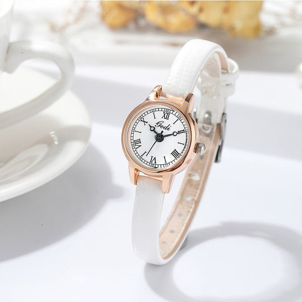 Rose Gold Shell White Delicate Women's Watch 20Mm Roman Numeral Dial Leather Strap Watches