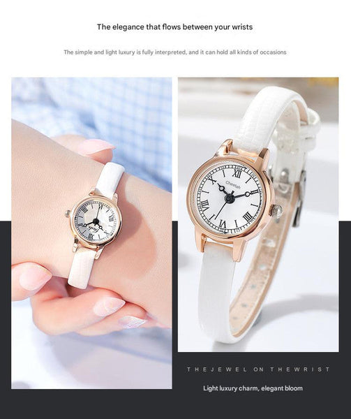 Rose Gold Shell White Delicate Women's Watch 20Mm Roman Numeral Dial Leather Strap Watches