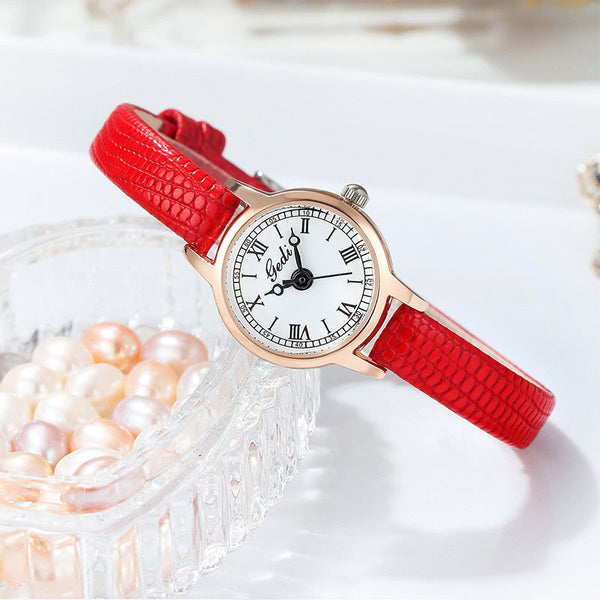 Rose Gold Shell White Plate Delicate Women's Watch 20Mm Roman Numeral Dial Red Leather Strap Watches