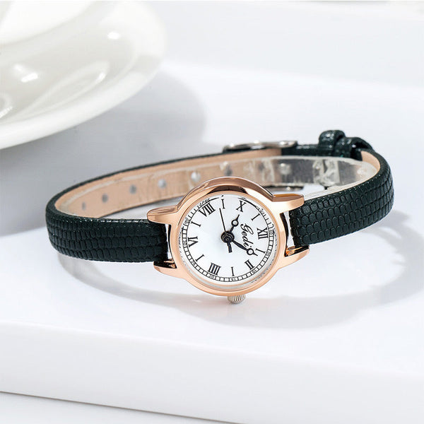 Rose Gold Shell White Plate Delicate Women's Watch 20Mm Roman Numeral Dial Black Leather Strap Watches