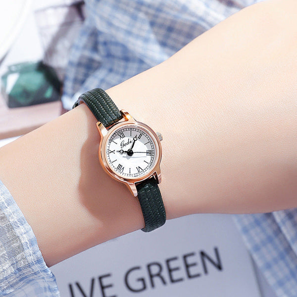 Rose Gold Shell White Plate Delicate Women's Watch 20Mm Roman Numeral Dial Black Leather Strap Watches