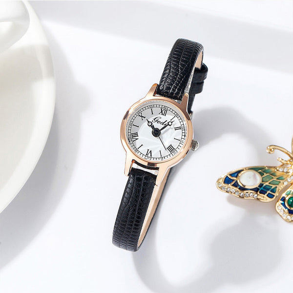 Rose Gold Shell White Plate Black Strap Delicate Women's Watch 20Mm Roman Numeral Dial Leather Watches