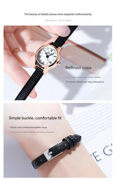 Rose Gold Shell White Plate Black Strap Delicate Women's Watch 20Mm Roman Numeral Dial Leather Watches