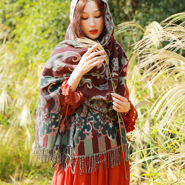 Women's Ethnic Faux Cashmere Shawl Wrap Jacquard Pattern Tassel Scarf Flowers In Full Bloom Scarves & Wraps