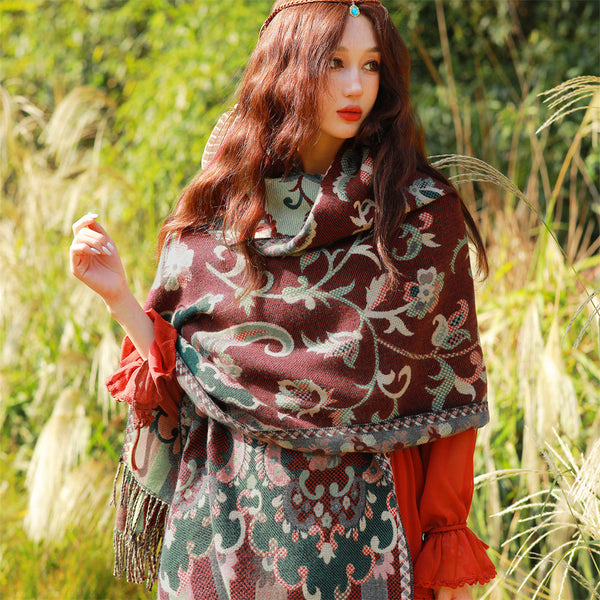 Women's Ethnic Faux Cashmere Shawl Wrap Jacquard Pattern Tassel Scarf Flowers In Full Bloom Scarves & Wraps