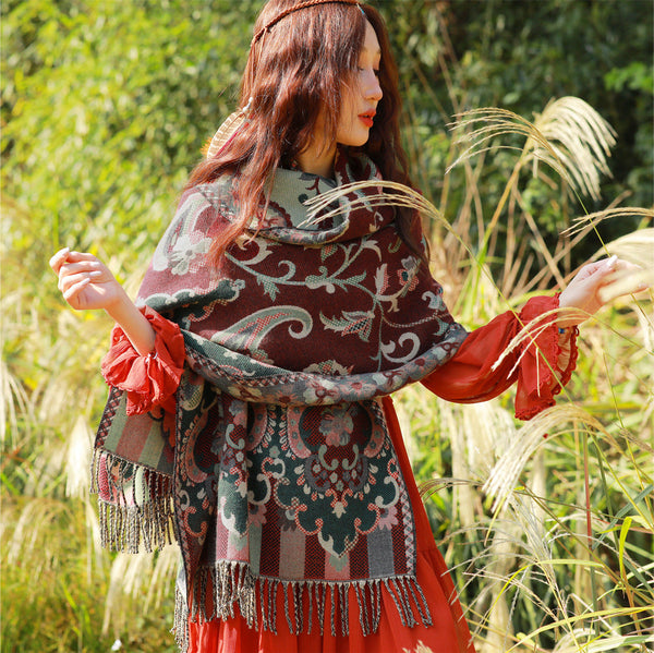 Women's Ethnic Faux Cashmere Shawl Wrap Jacquard Pattern Tassel Scarf Flowers In Full Bloom Scarves & Wraps
