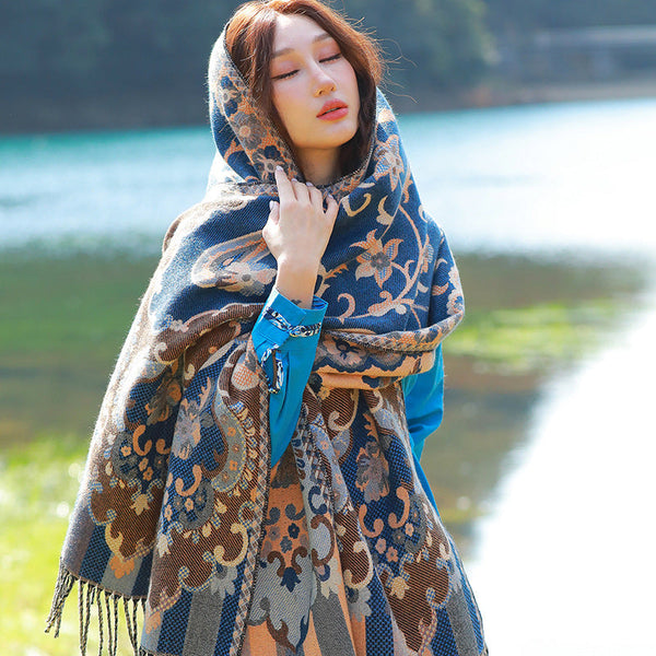 Womens Ethnic Faux Cashmere Shawl Wrap Jacquard Pattern Tassel Scarf Flowers In Full Bloom Blue Scarves & Wraps