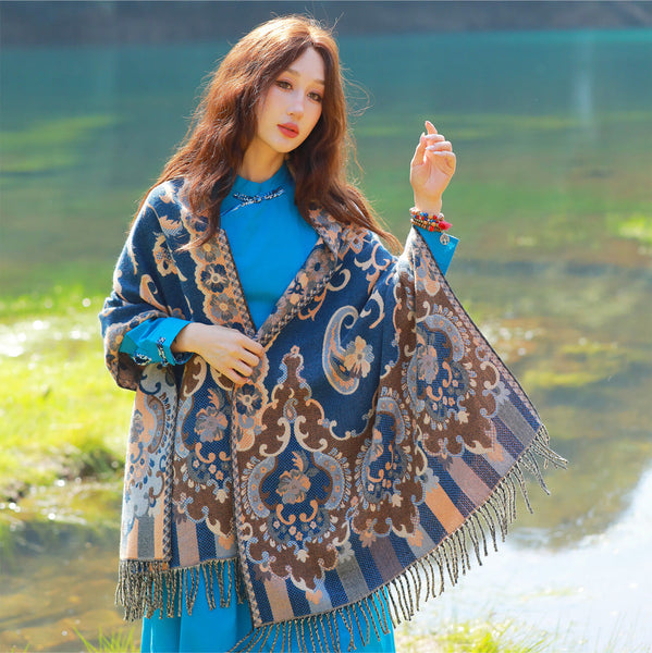 Womens Ethnic Faux Cashmere Shawl Wrap Jacquard Pattern Tassel Scarf Flowers In Full Bloom Blue Scarves & Wraps