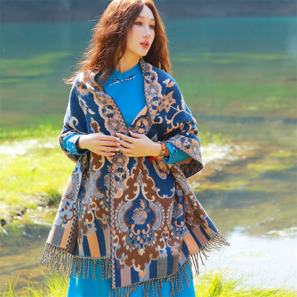 Womens Ethnic Faux Cashmere Shawl Wrap Jacquard Pattern Tassel Scarf Flowers In Full Bloom Blue Scarves & Wraps