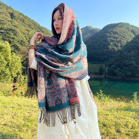 Womens Ethnic Faux Cashmere Shawl Wrap Jacquard Pattern Tassel Scarf A Unique Blue Scarves & Wraps