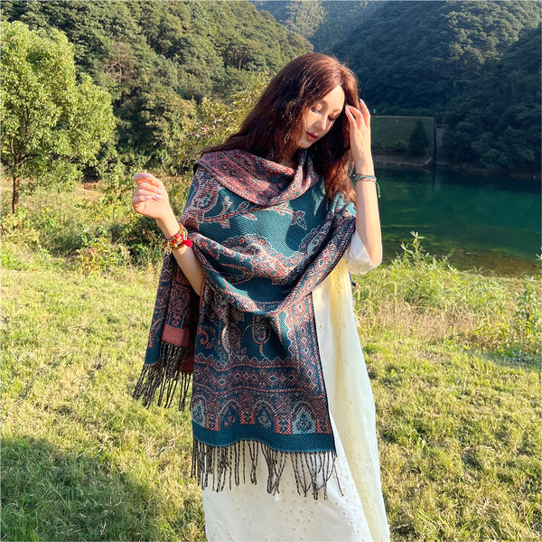 Womens Ethnic Faux Cashmere Shawl Wrap Jacquard Pattern Tassel Scarf A Unique Blue Scarves & Wraps