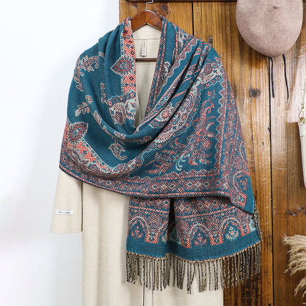 Womens Ethnic Faux Cashmere Shawl Wrap Jacquard Pattern Tassel Scarf A Unique Blue Scarves & Wraps