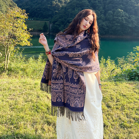 Womens Ethnic Faux Cashmere Shawl Wrap Jacquard Pattern Tassel Scarf A Unique Hole Purple Scarves & Wraps