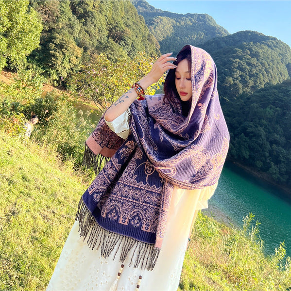 Womens Ethnic Faux Cashmere Shawl Wrap Jacquard Pattern Tassel Scarf A Unique Hole Purple Scarves & Wraps