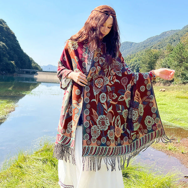 Womens Ethnic Faux Cashmere Shawl Wrap Jacquard Pattern Tassel Scarf Ink Rain And Flowers Scarves & Wraps