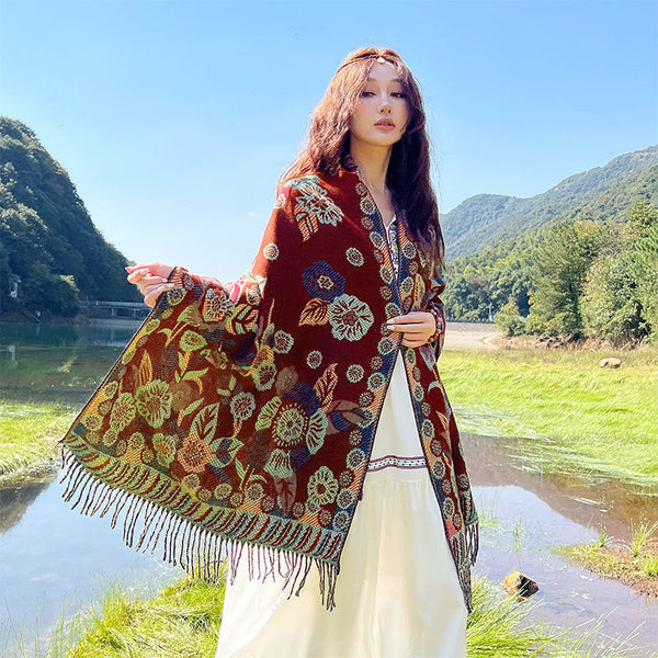 Womens Ethnic Faux Cashmere Shawl Wrap Jacquard Pattern Tassel Scarf Ink Rain And Flowers Scarves & Wraps