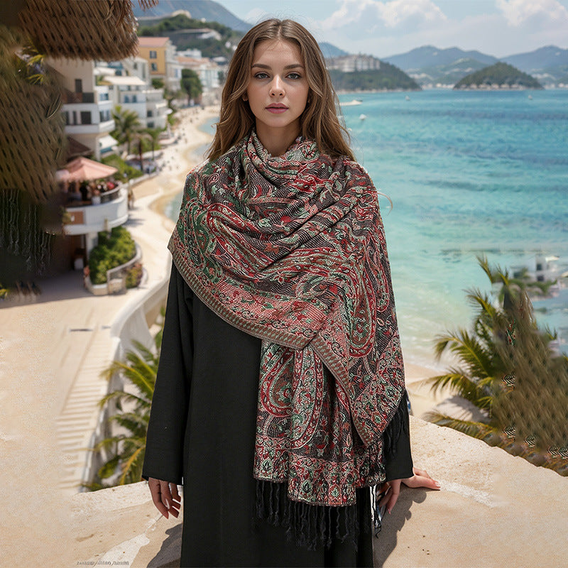 Black Elegant Retro Paisley Print Scarf For Women Soft Fashion Shawl Wrap 185X70cm Scarves & Wraps
