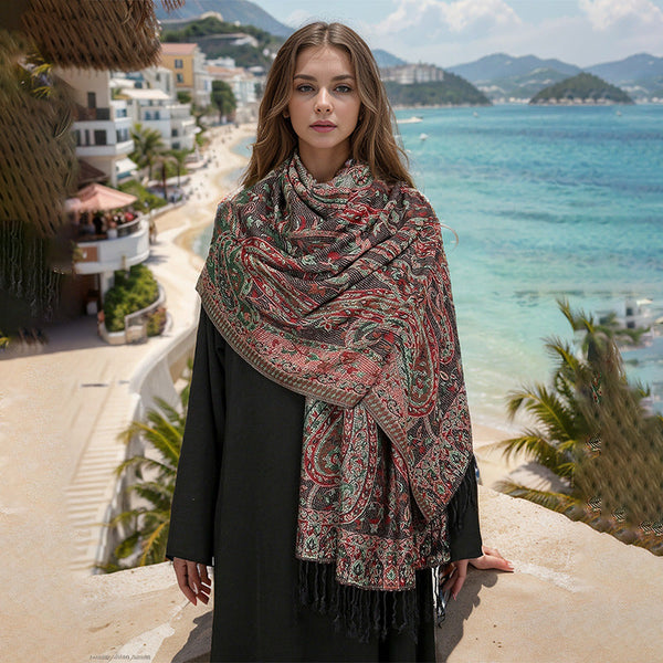 Black Elegant Retro Paisley Print Scarf For Women Soft Fashion Shawl Wrap 185X70cm Scarves & Wraps