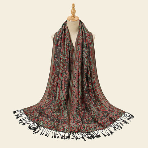 Black Elegant Retro Paisley Print Scarf For Women Soft Fashion Shawl Wrap 185X70cm Scarves & Wraps