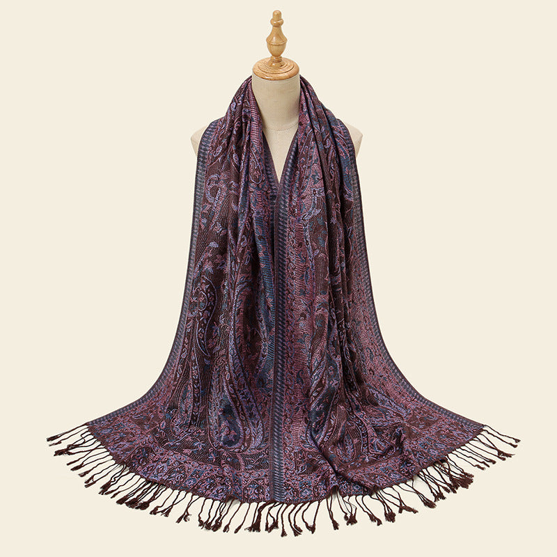 Coffee + Purple Elegant Retro Paisley Print Scarf For Women Soft Fashion Shawl Wrap 185X70cm Scarves & Wraps
