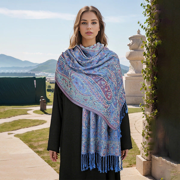 Blue Elegant Retro Paisley Print Scarf For Women Soft Fashion Shawl Wrap 185X70cm Scarves & Wraps
