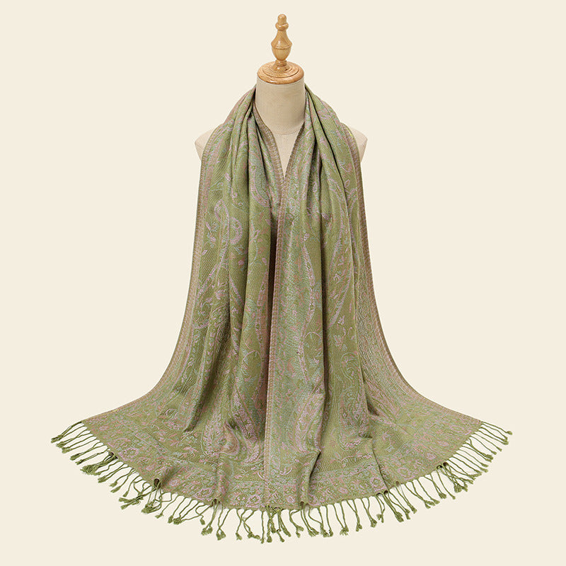 Green Elegant Retro Paisley Print Scarf For Women Soft Fashion Shawl Wrap 185X70cm Scarves & Wraps