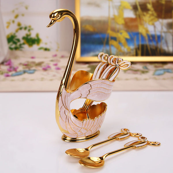 Elegant Swan Base Spoon Holder Set With 6 Coffee/Dessert Spoons(Gold And White Spoon) Cutlery Storage