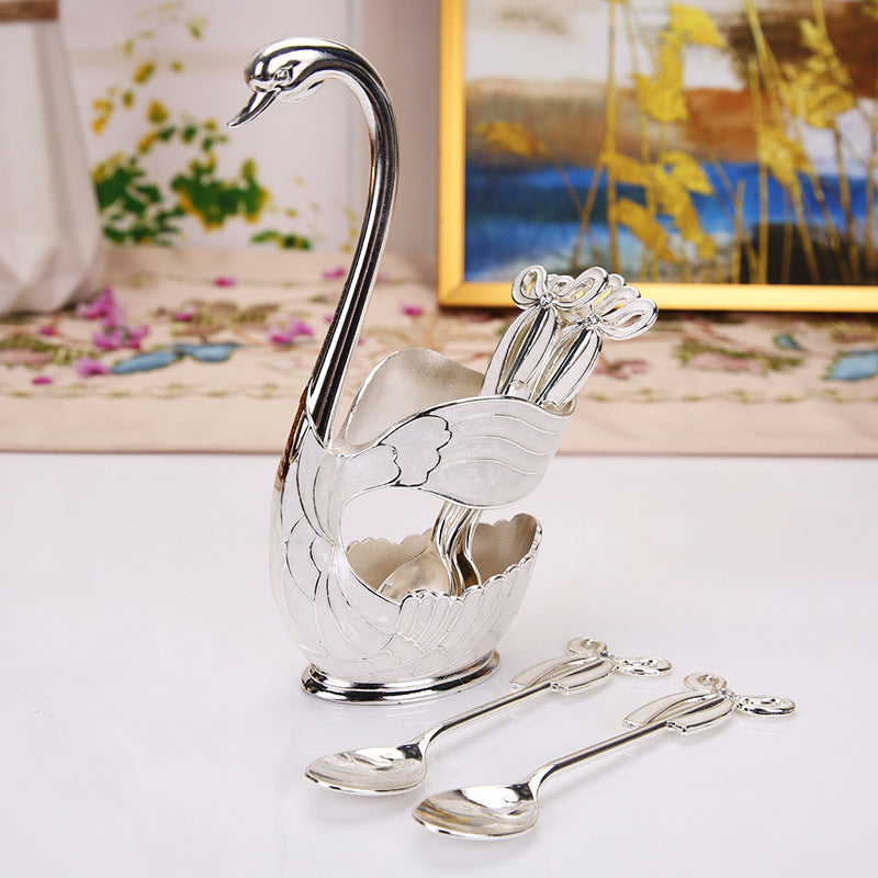 Elegant Swan Base Spoon Holder Set With 6 Coffee/Dessert Spoons(Silver Spoon) Cutlery Storage