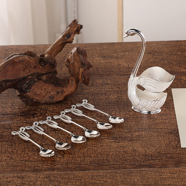 Elegant Swan Base Spoon Holder Set With 6 Coffee/Dessert Spoons(Silver Spoon) Cutlery Storage