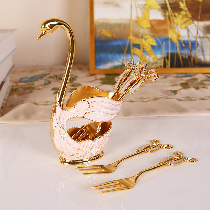 Elegant Swan Base Spoon Holder Set With 6 Coffee/Dessert Spoons(Gold Fork) Cutlery Storage