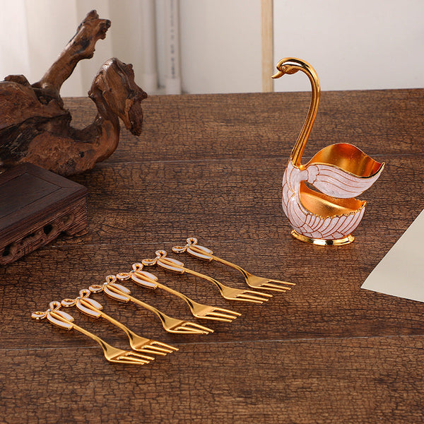 Elegant Swan Base Spoon Holder Set With 6 Coffee/Dessert Spoons(Gold Fork) Cutlery Storage