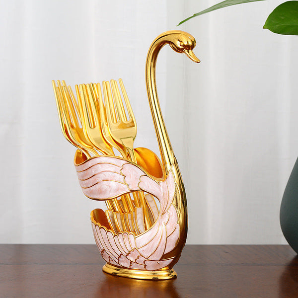 Elegant Swan Base Spoon Holder Set With 6 Coffee/Dessert Spoons(Gold Fork) Cutlery Storage