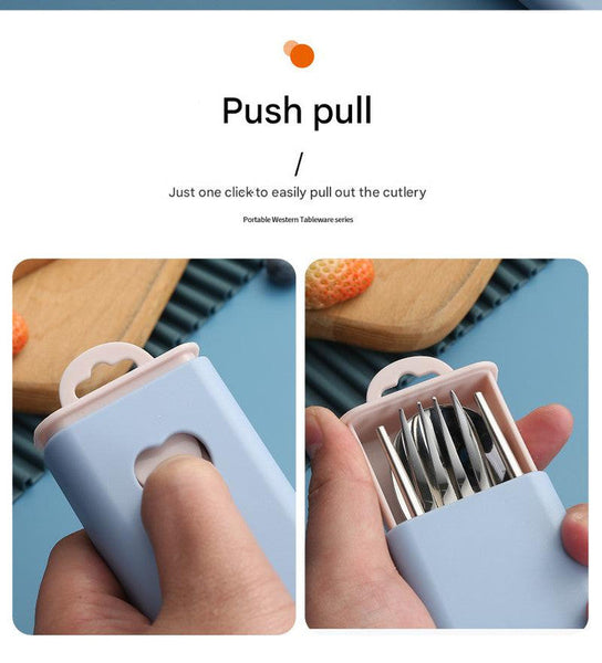 2 Pcs Dark Blue Reusable Travel Utensil Set With Case 304 Stainless Steel Spoon Fork & Chopsticks Serving Utensils & Sets