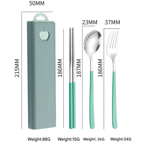 2 Pcs Green Reusable Travel Utensil Set With Case 304 Stainless Steel Spoon Fork & Chopsticks Serving Utensils & Sets