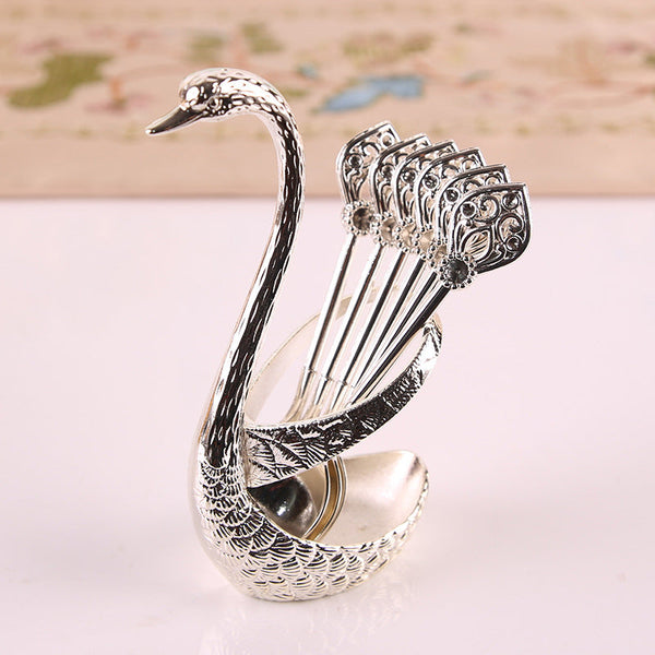 Silver Elegant Swan Cutlery Holder Set With 6 Dessert Spoons Cutlery Storage