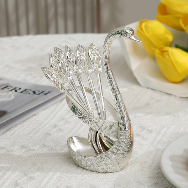 Silver Elegant Swan Cutlery Holder Set With 6 Dessert Spoons Cutlery Storage